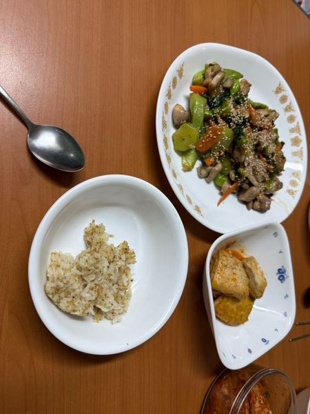 鶏もも肉と野菜の炒め物、豆腐の煮付け、玄米ご飯のサムネイル
