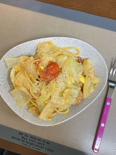 キャベツと醤油エビのオイルパスタのサムネイル